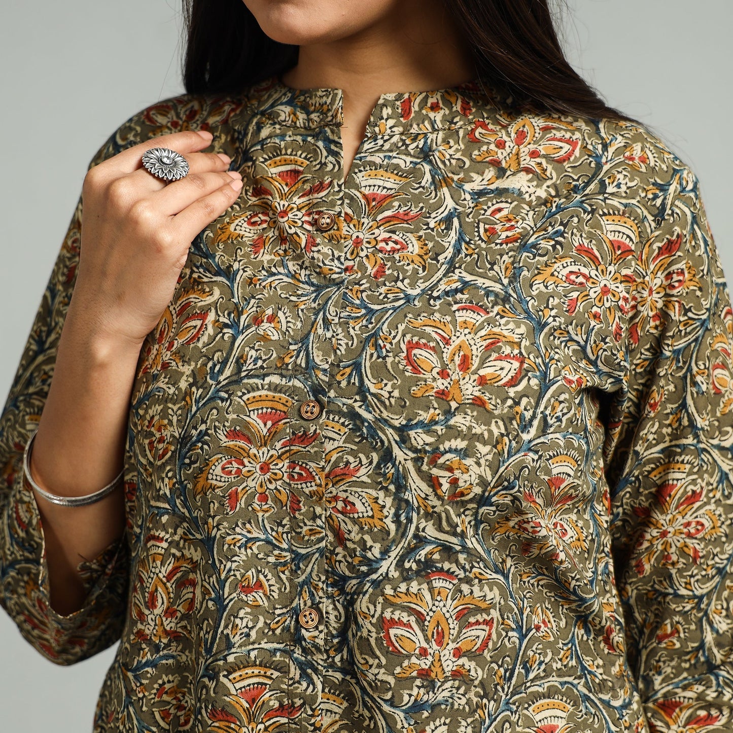 Green Block Print Cotton A-Line Kalamkari Kurta