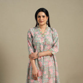 Green - cotton a-line sanganeri kurta 02 - handcrafted