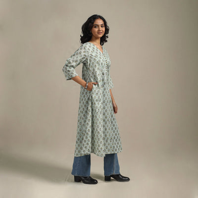 Green - cotton a-line sanganeri kurta 19 - handcrafted
