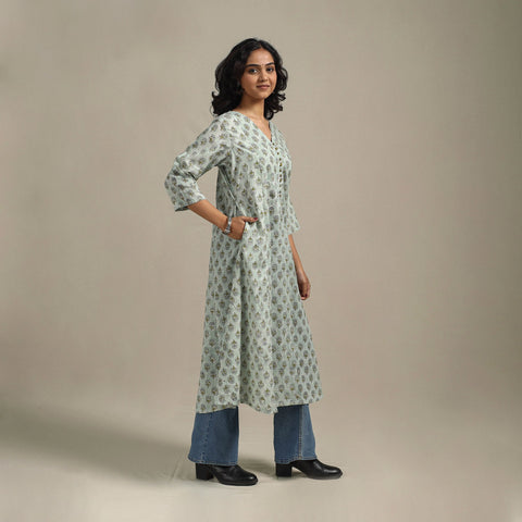 Green - cotton a-line sanganeri kurta 19 - handcrafted