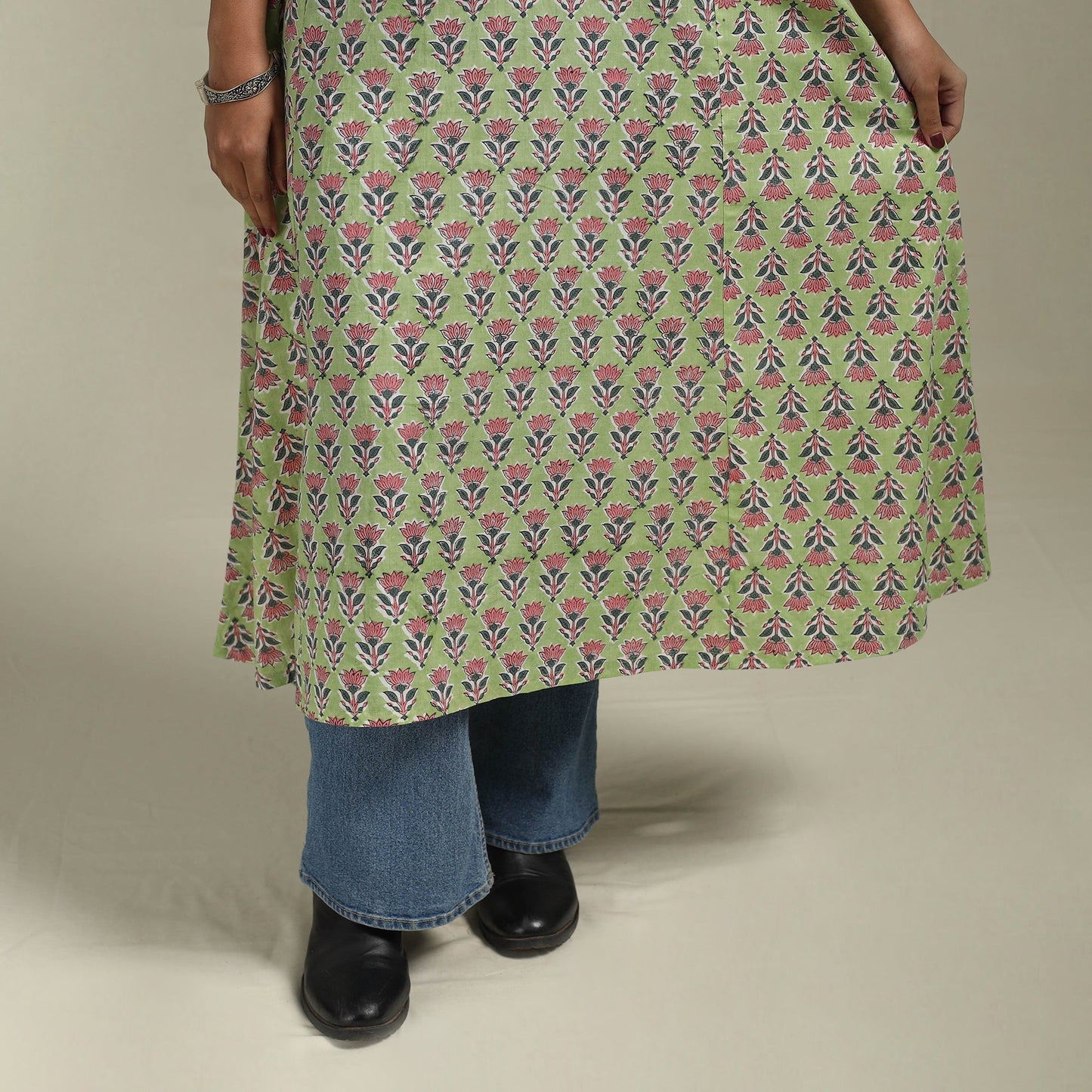 Green - cotton a-line sanganeri kurta 21 - handcrafted