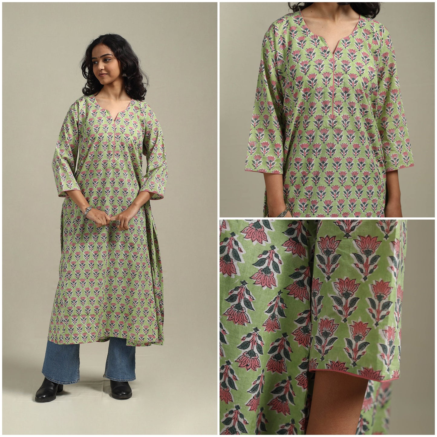 Green - cotton a-line sanganeri kurta 21 - handcrafted