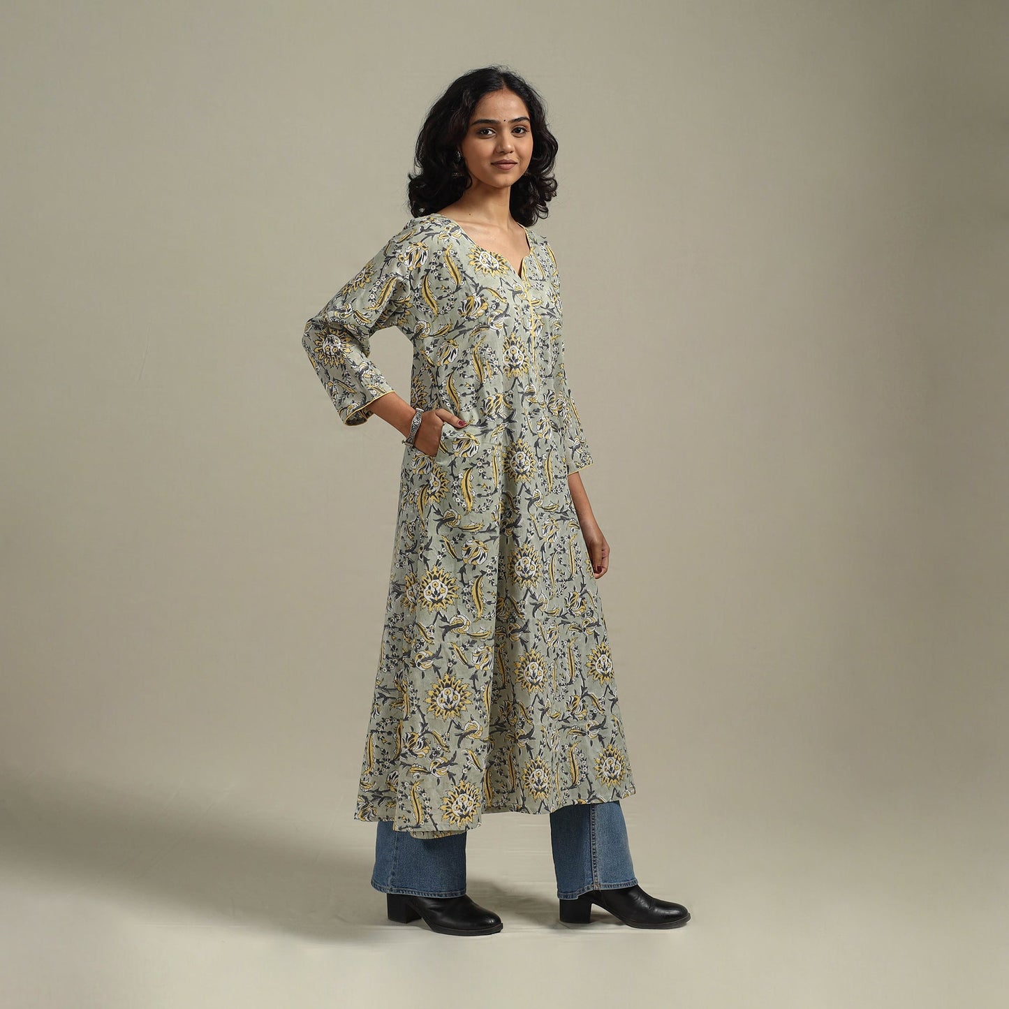 Green - cotton a-line sanganeri kurta 22 - handcrafted