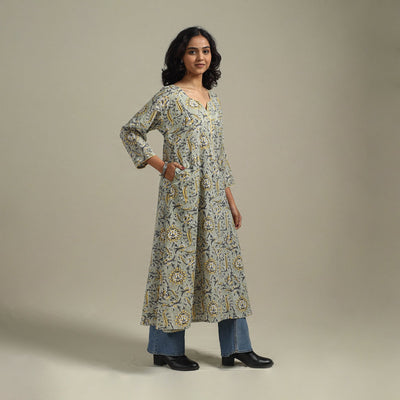 Green - cotton a-line sanganeri kurta 22 - handcrafted