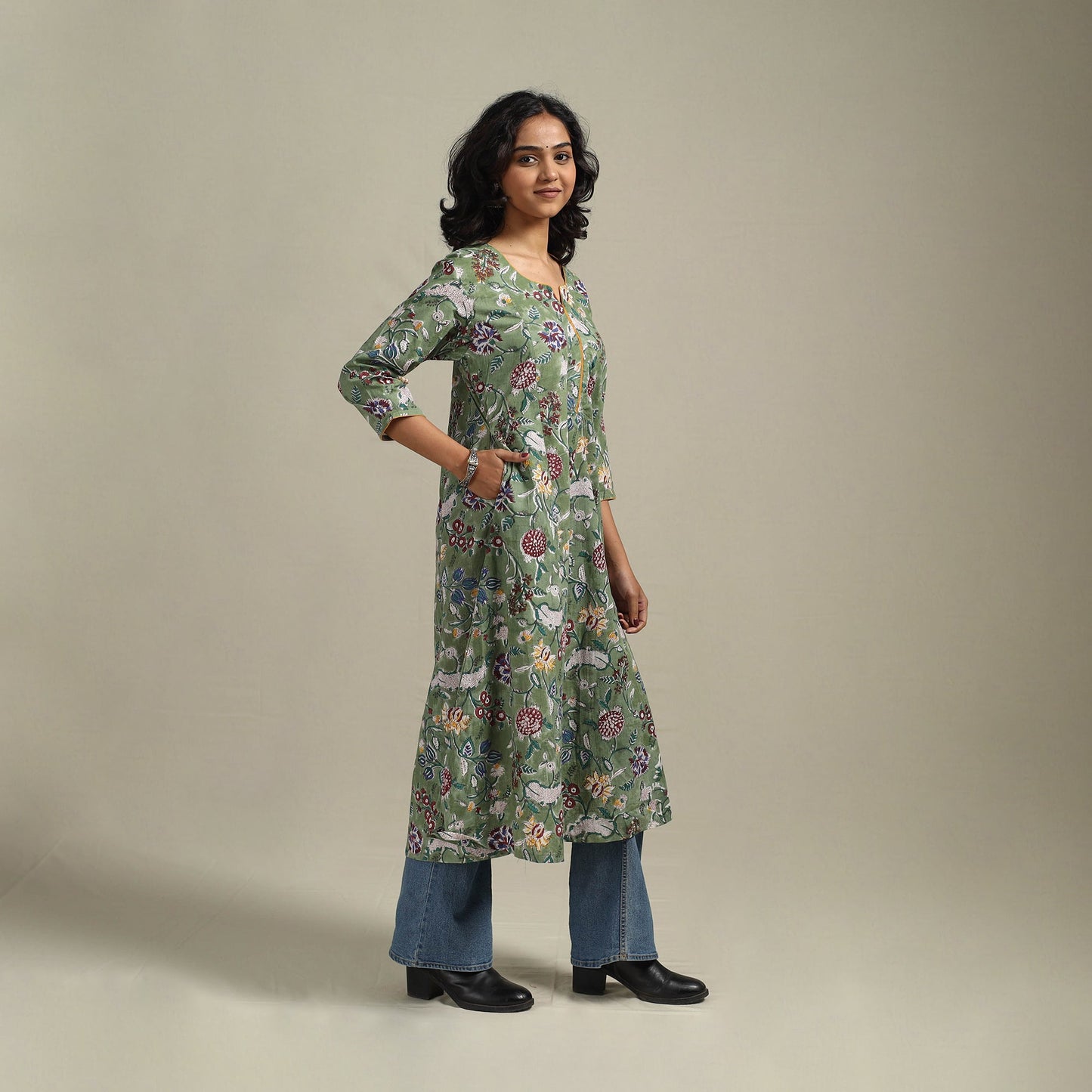 Green - cotton a-line sanganeri kurta 24 - handcrafted