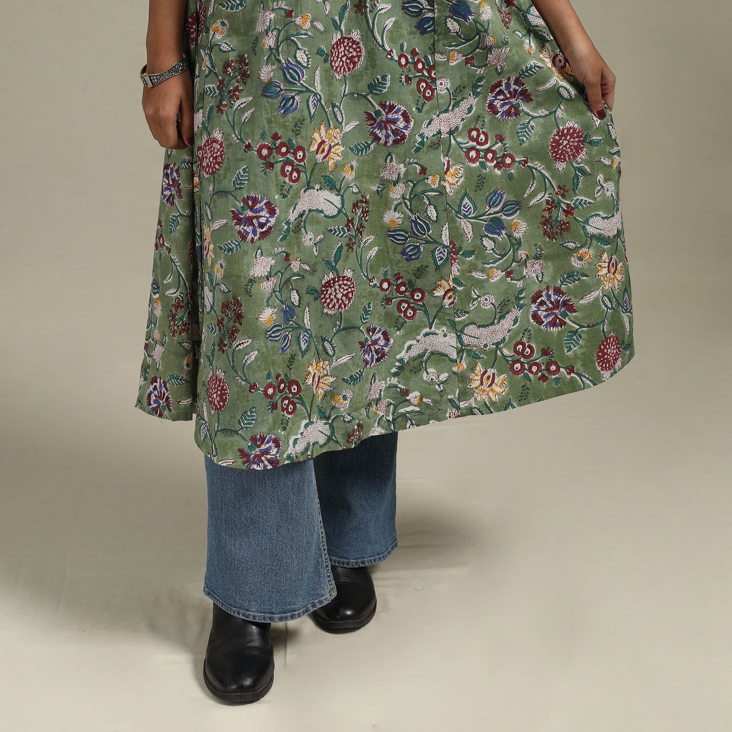 Green - cotton a-line sanganeri kurta 24 - handcrafted