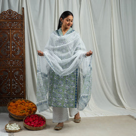 Green Block Print Cotton Sanganeri Kurta Set