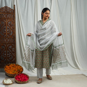 Buy Green Block Print Cotton Sanganeri Kurta Set