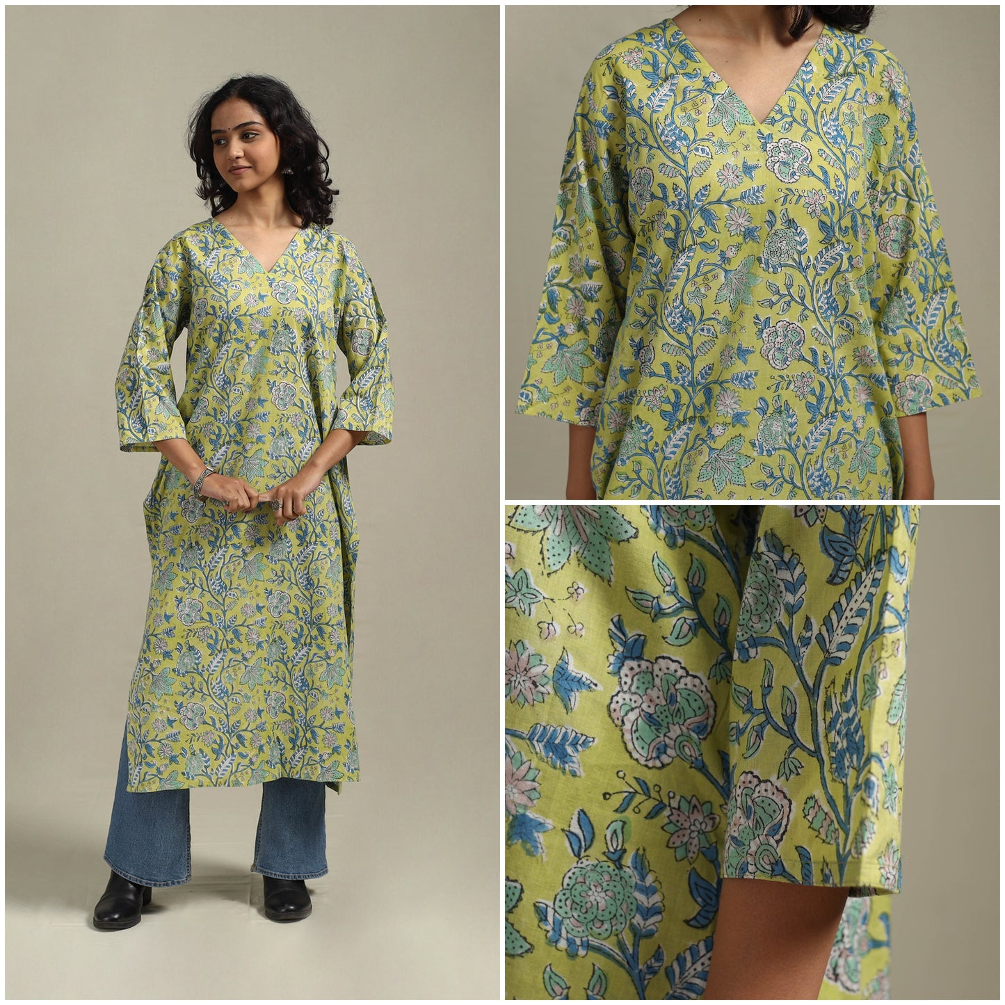 Green - cotton straight sanganeri kurta 03 - handcrafted