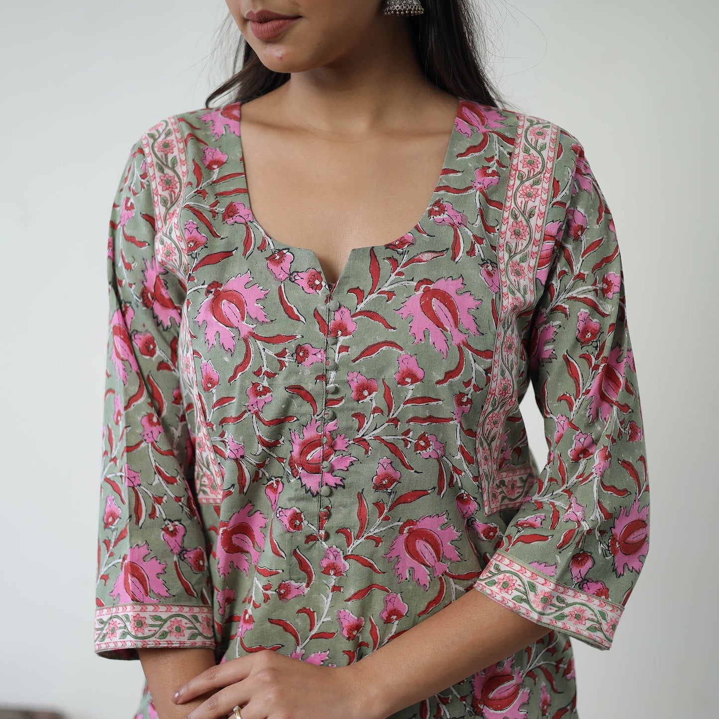 Green - Block Print Cotton Straight Sanganeri Kurta 08