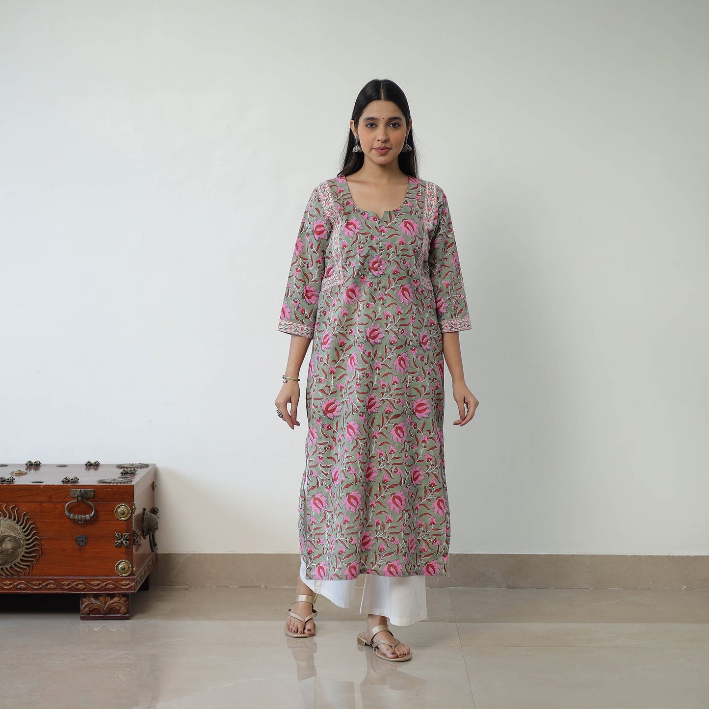 Green - Block Print Cotton Straight Sanganeri Kurta 08
