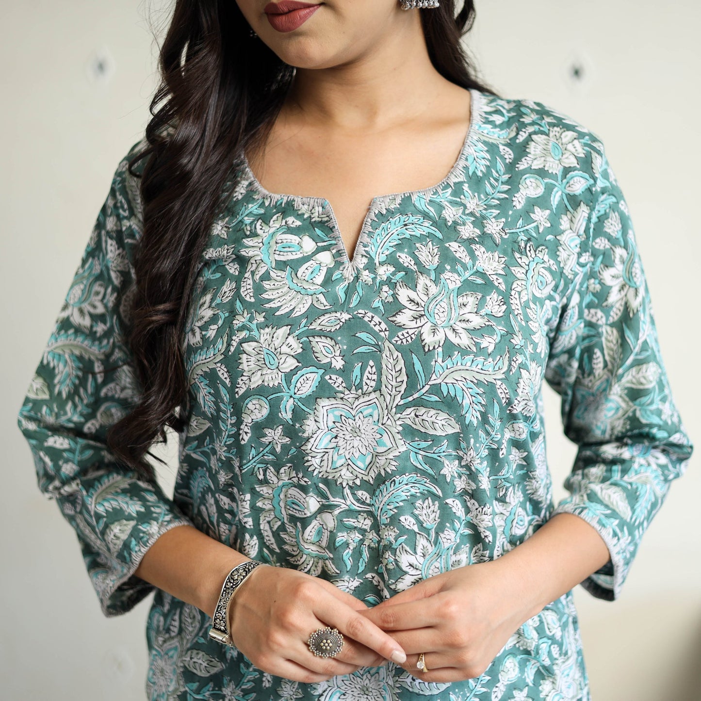 Green Block Print Cotton Straight Sanganeri Kurta for Women