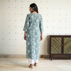 Green Block Print Cotton Straight Sanganeri Kurta for Women