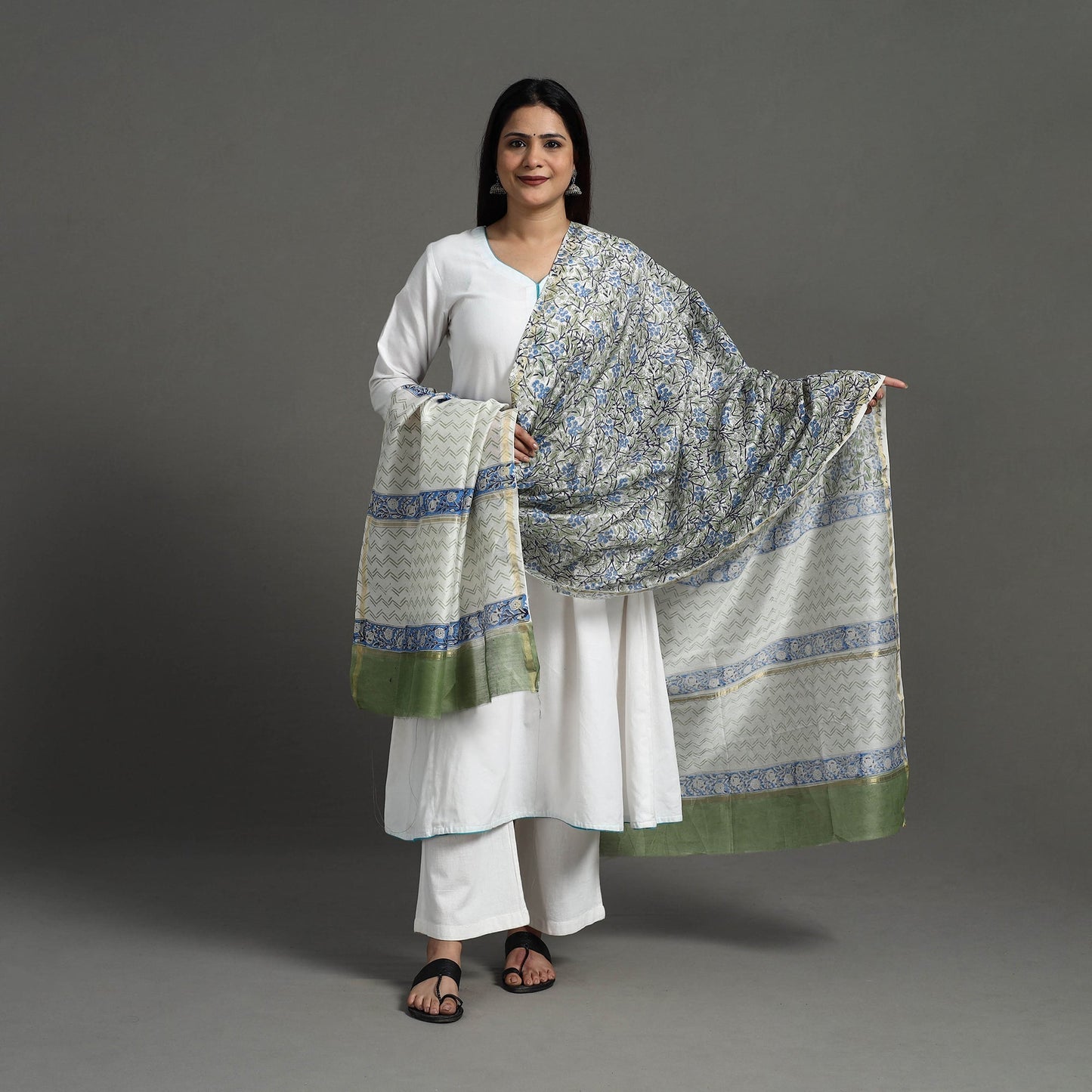 Green - Block Print Handloom Chanderi Silk Sanganeri Dupatta 02