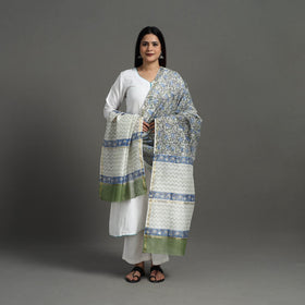 Green - Block Print Handloom Chanderi Silk Sanganeri Dupatta 02