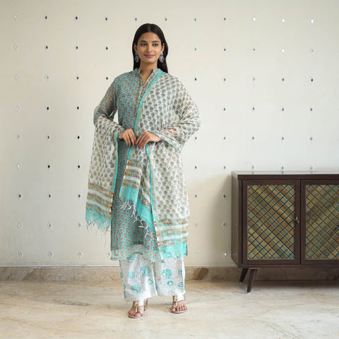 Green Block Print Kota Doria Cotton Sanganeri Kurta Set (Set of 3) 