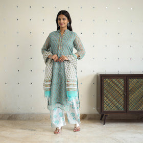 Green Block Print Kota Doria Cotton Sanganeri Kurta Set (Set of 3) 