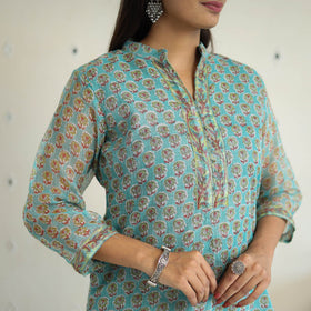 Green Block Print Kota Doria Cotton Sanganeri Kurta Set (Set of 3) 