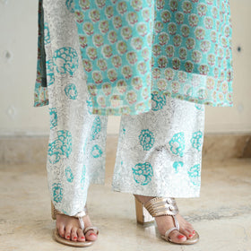 Green Block Print Kota Doria Cotton Sanganeri Kurta Set (Set of 3) 