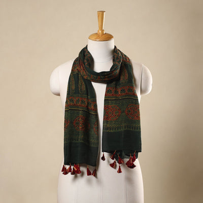 Green Block Print Mul Cotton Ajrakh Stole With Tassels