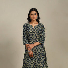 Green Block Print Natural Dyed Cotton A-Line Ajrakh Kurta