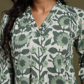 Green Block Print Natural Dyed Cotton A-Line Jahota Kurta
