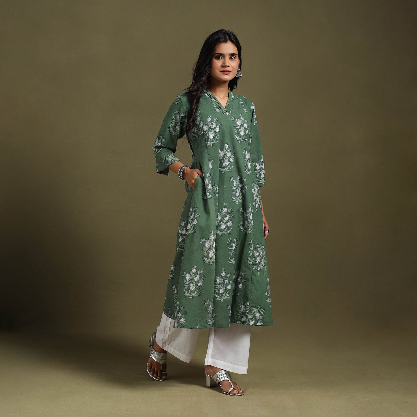 Green Block Print Natural Dyed Cotton A-Line Jahota Kurta