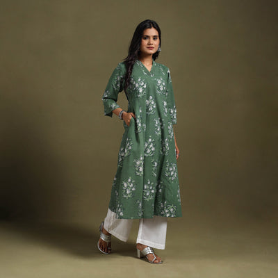 Green Block Print Natural Dyed Cotton A-Line Jahota Kurta