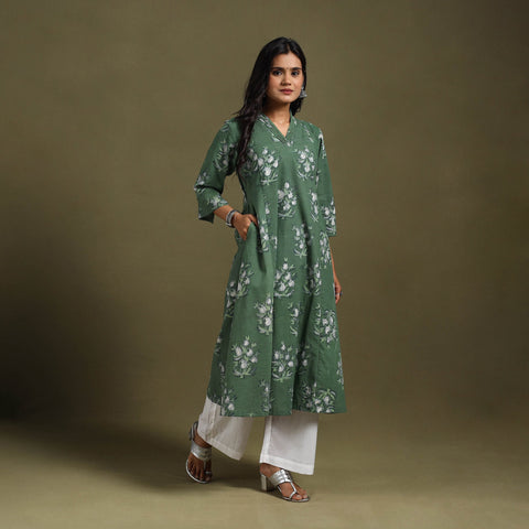 Green Block Print Natural Dyed Cotton A-Line Jahota Kurta