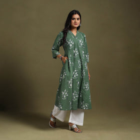 Green Block Print Natural Dyed Cotton A-Line Jahota Kurta