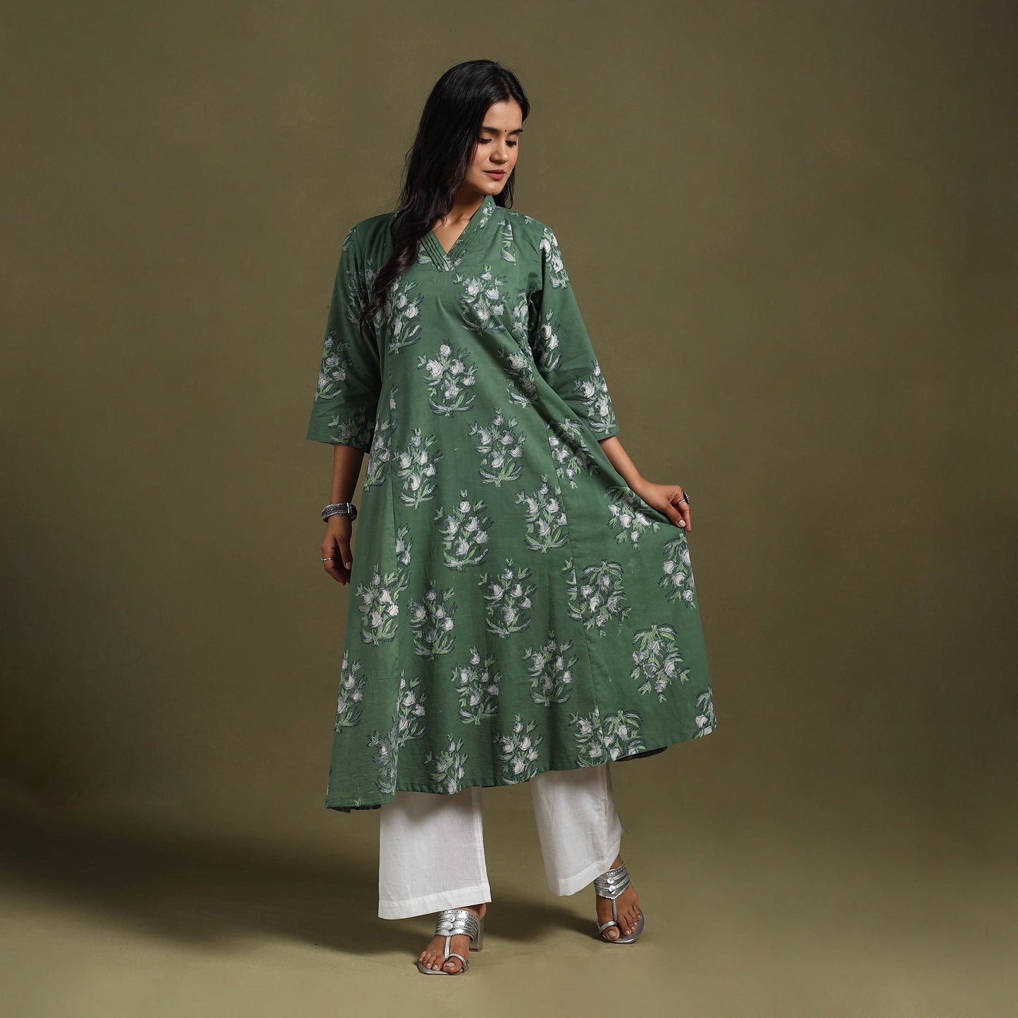 Green Block Print Natural Dyed Cotton A-Line Jahota Kurta