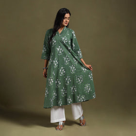 Green Block Print Natural Dyed Cotton A-Line Jahota Kurta