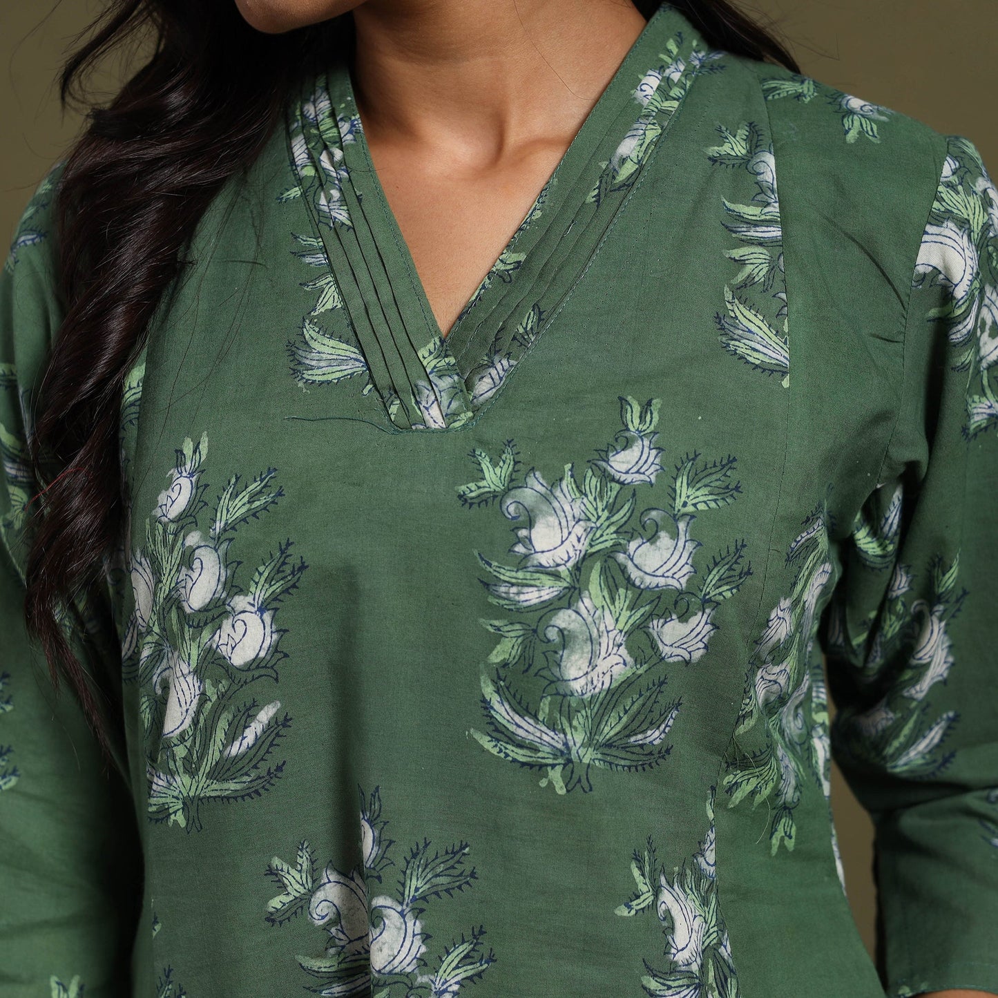 Green Block Print Natural Dyed Cotton A-Line Jahota Kurta
