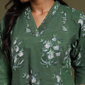 Green Block Print Natural Dyed Cotton A-Line Jahota Kurta