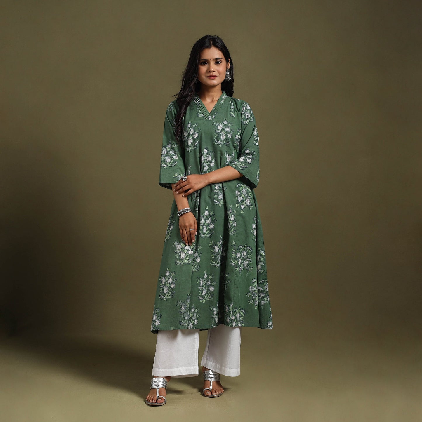 Green Block Print Natural Dyed Cotton A-Line Jahota Kurta