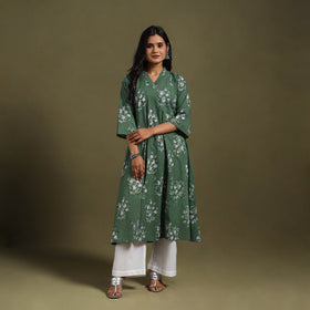 Green Block Print Natural Dyed Cotton A-Line Jahota Kurta