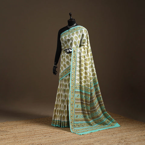 Green - printed mul cotton sanganeri saree - handcrafted