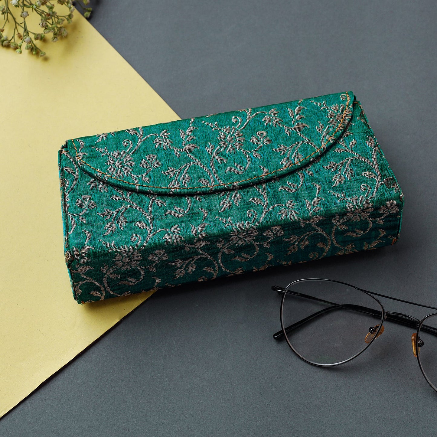 Green Brocade Silk Fabric Embellished Spectacle Case
