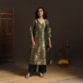Green - brocade silk a-line banarasi kurta 02 - handcrafted