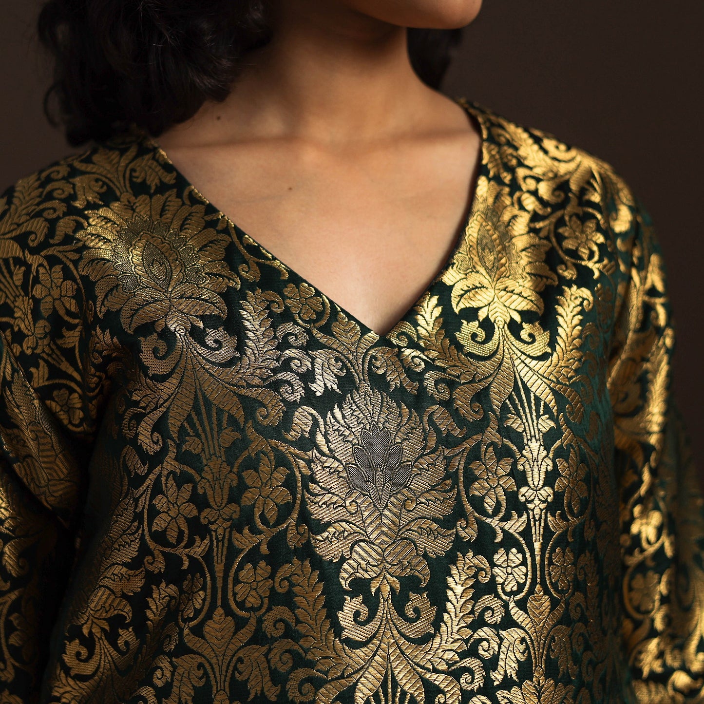 Green - brocade silk a-line banarasi kurta 02 - handcrafted