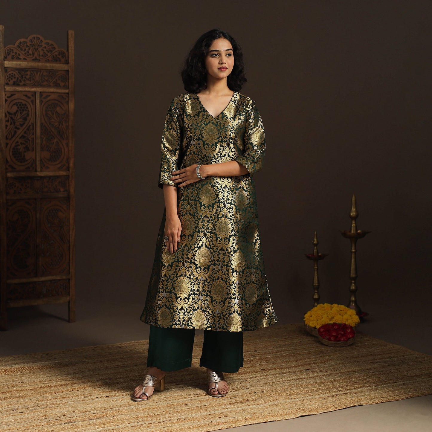 Green - brocade silk a-line banarasi kurta 02 - handcrafted