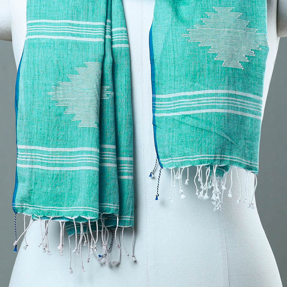 Green - burdwan jamdani cotton handloom stole with tassels