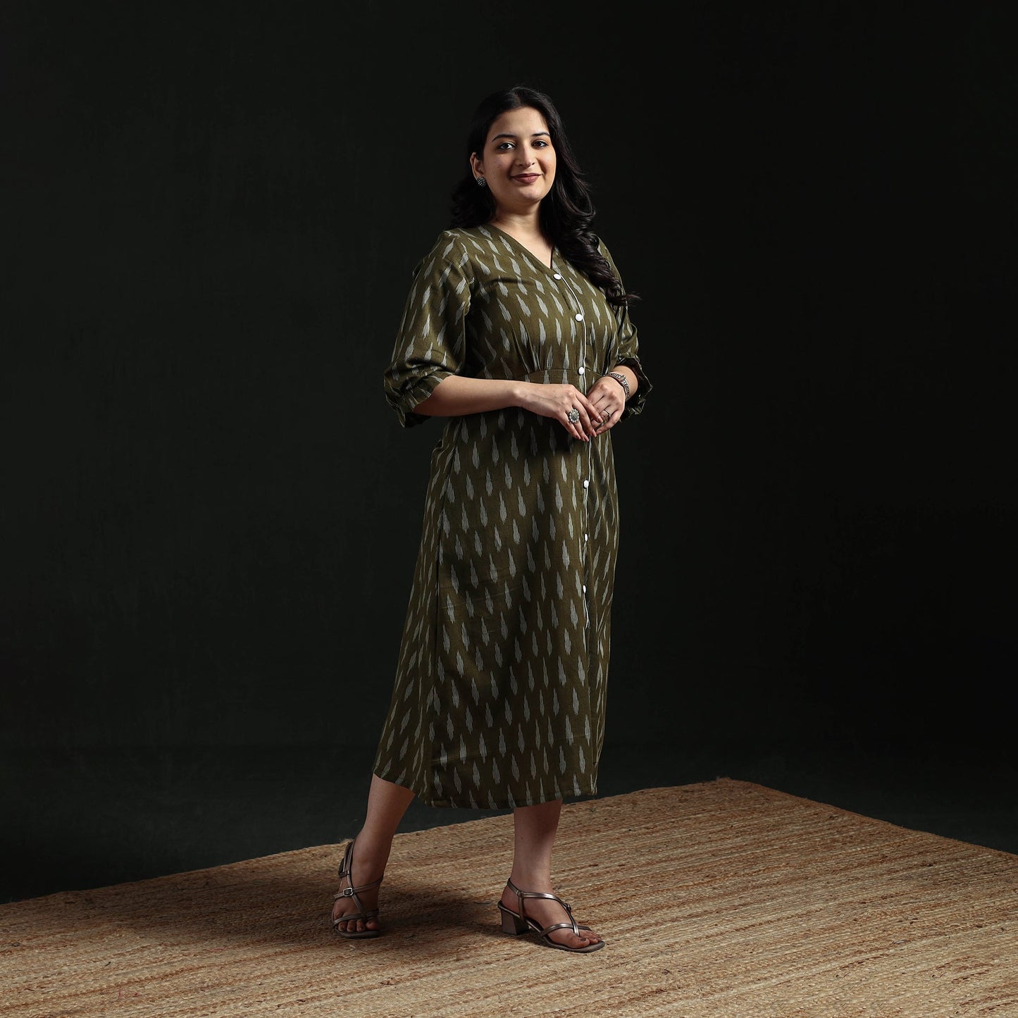 Button down cotton pochampally ikat dress 03 - handcrafted