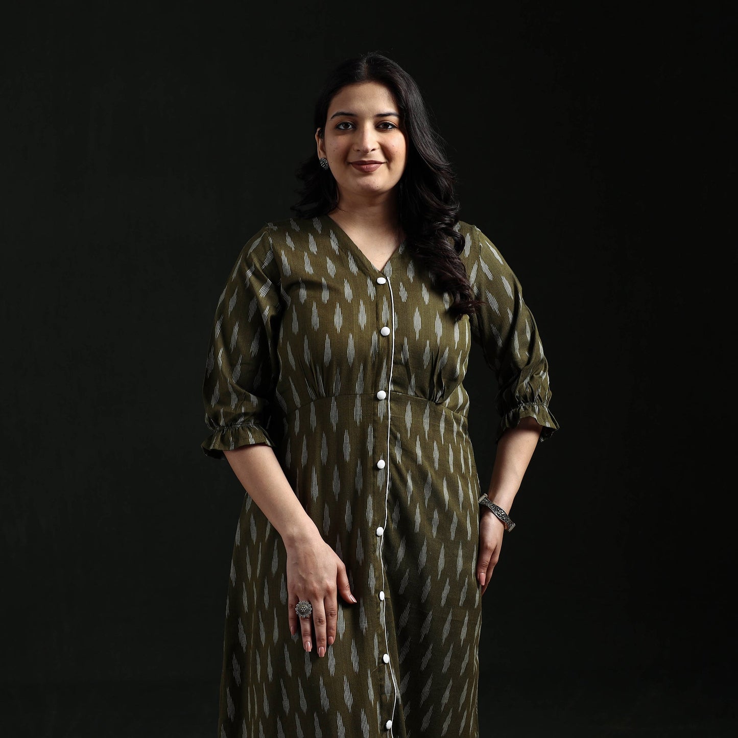 Button down cotton pochampally ikat dress 03 - handcrafted