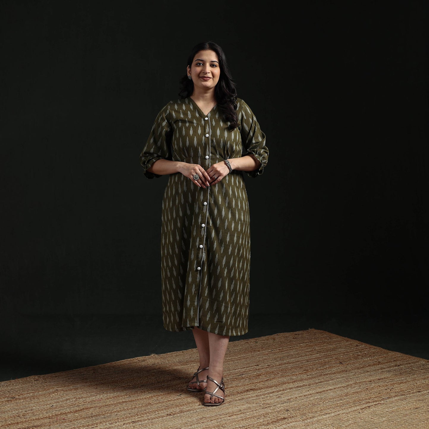 Button down cotton pochampally ikat dress 03 - handcrafted