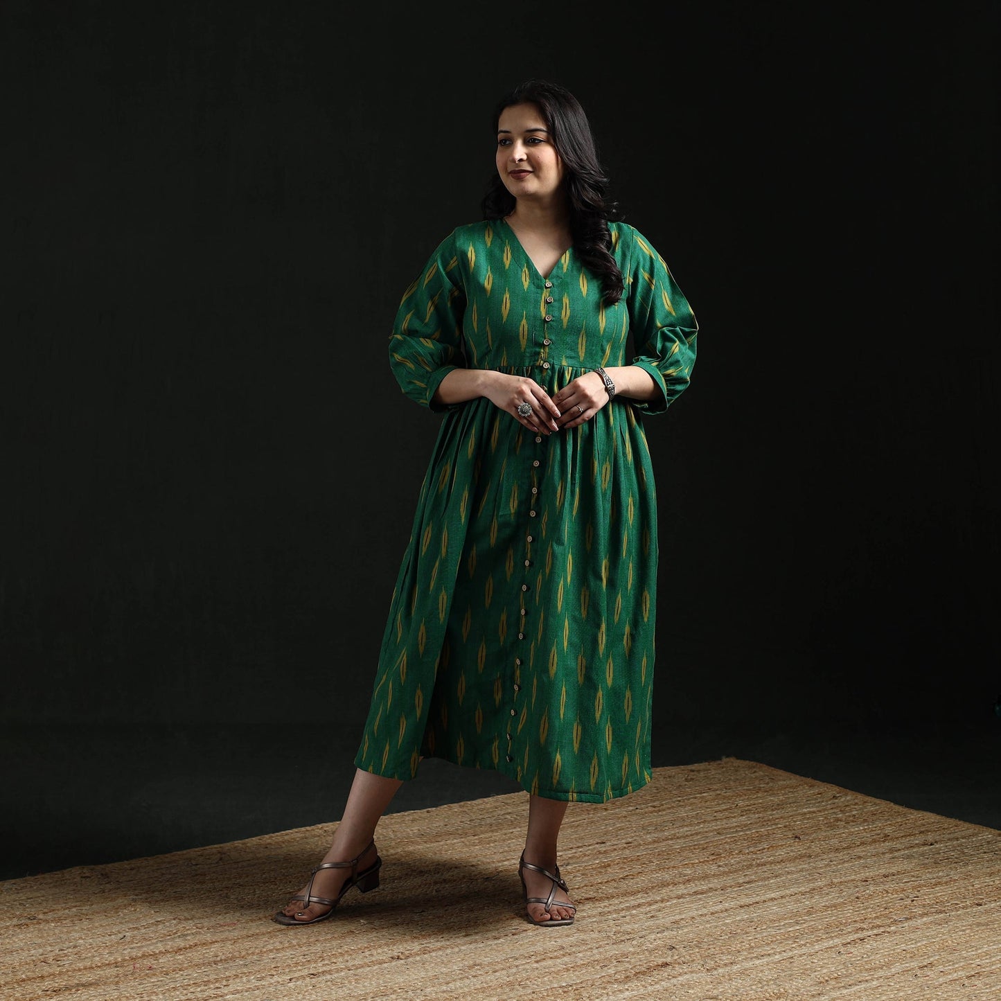 Button down flared cotton pochampally ikat dress 07