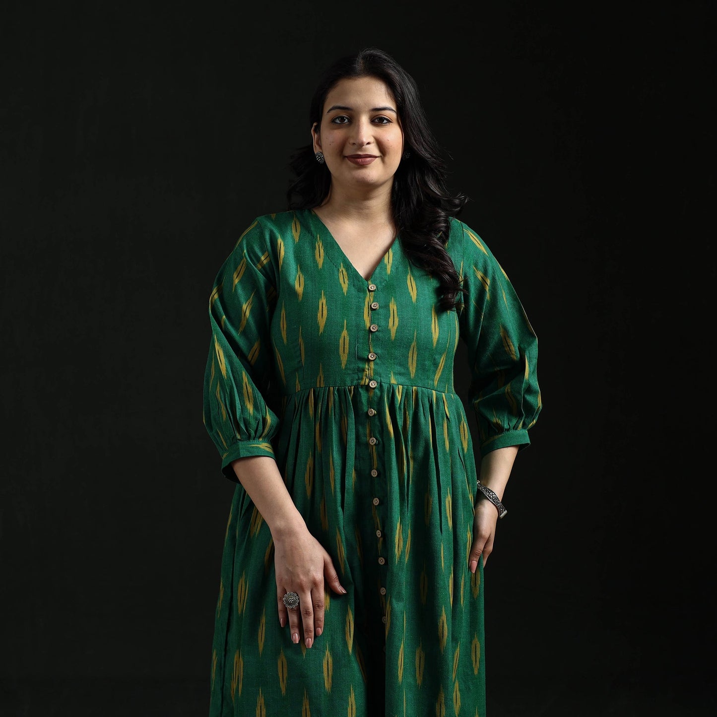 Button down flared cotton pochampally ikat dress 07