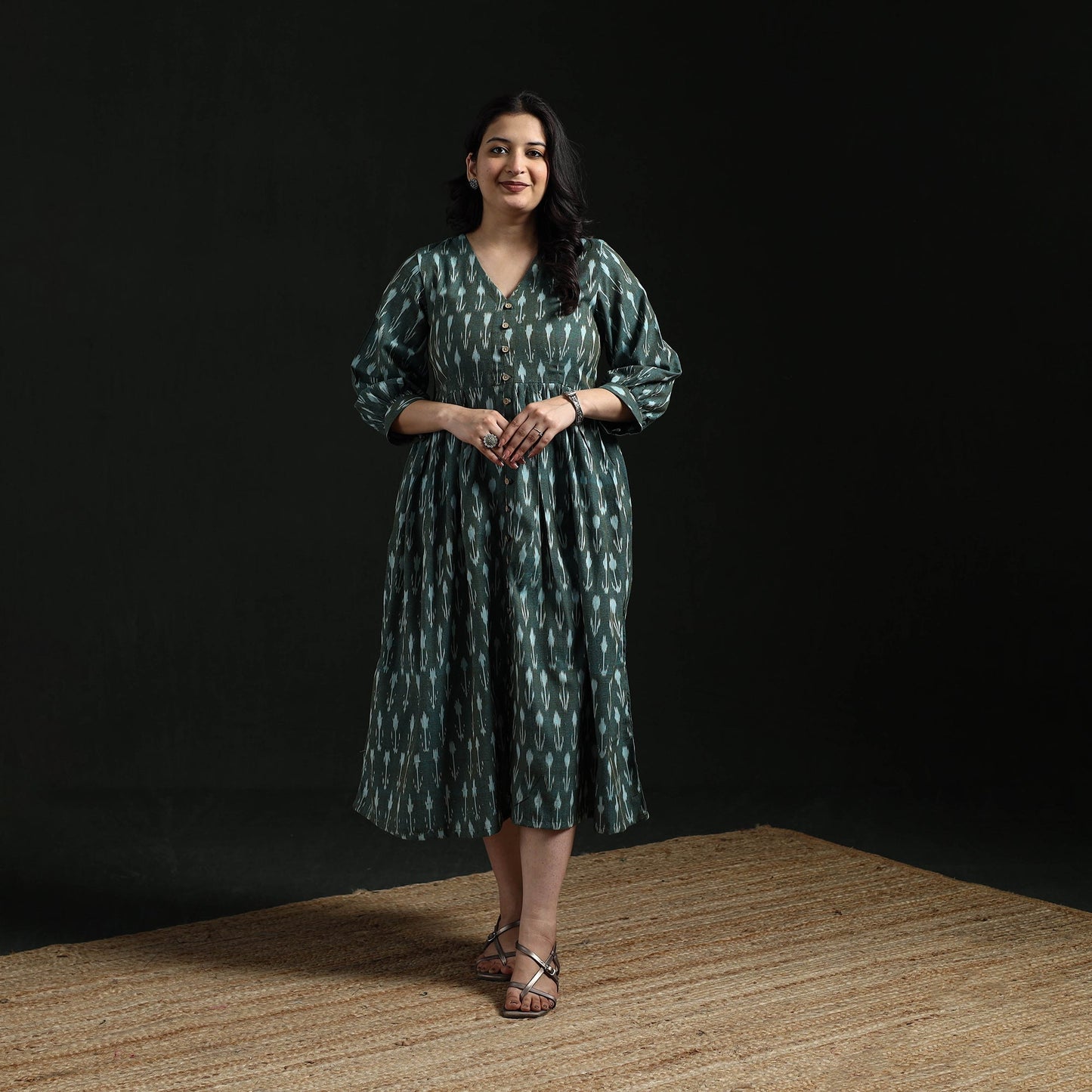 Button down flared cotton pochampally ikat dress 08