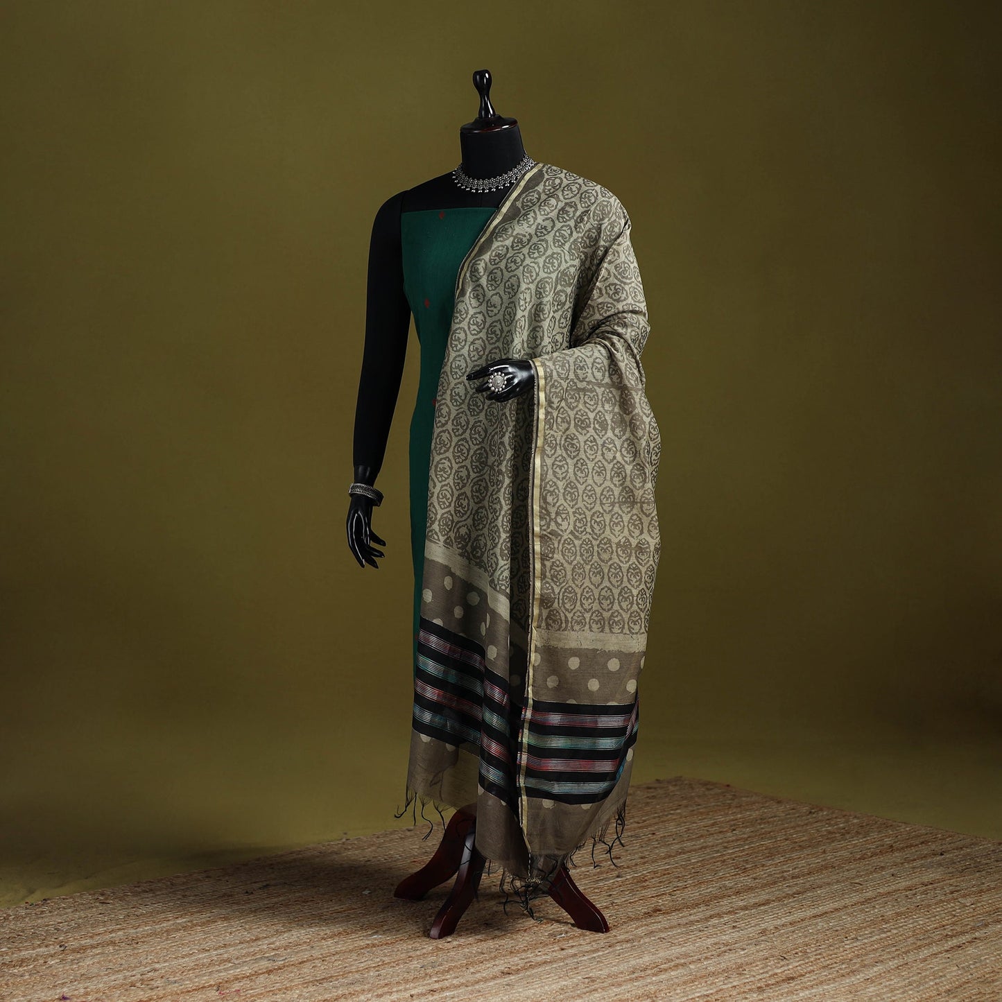 Green - chanderi silk hand bagru dupatta with zari border