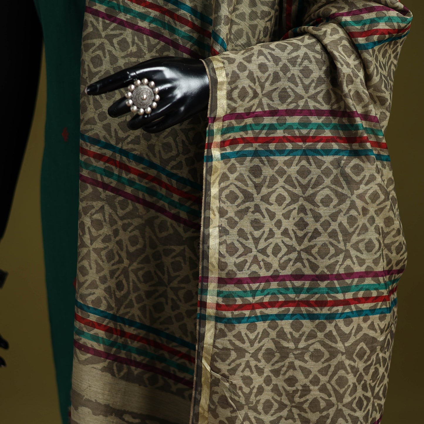 Green - chanderi silk hand bagru dupatta with zari border